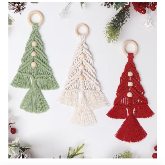 Other - Macrame Christmas Tree Ornaments Set - Green, Cream & Red